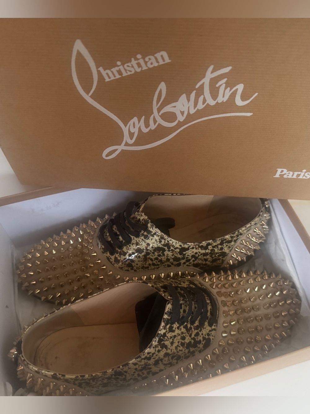 Christian Louboutin Freddy Leopard-Print Gold Spike Lace Up Flats • Women’s 40.5